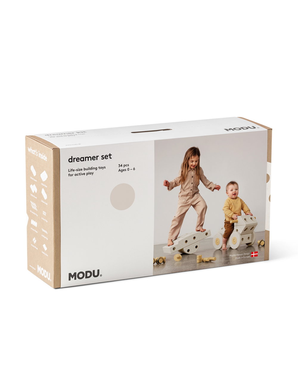 MODU Dreamer Set in Sand Grey Honey Yellow. Life-sized building toy for active play.