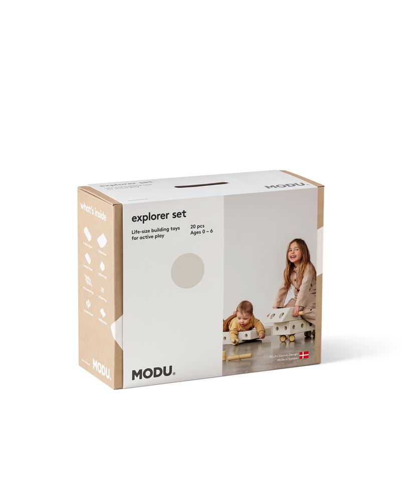 MODU Explorer Set in Sand Grey Honey Yellow. Life-sized building toy for active play.