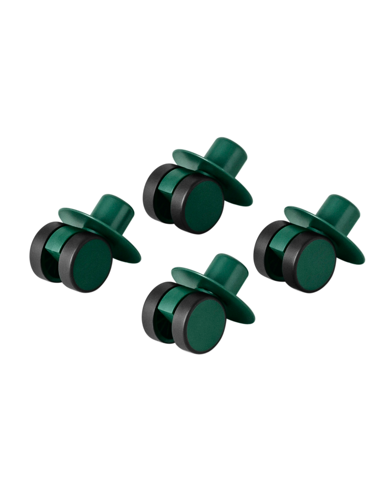 MODU swirly wheels in Forest Green. For indoor scooters and ride-ons. 360 degree rotation. Floor-protecting rubber.