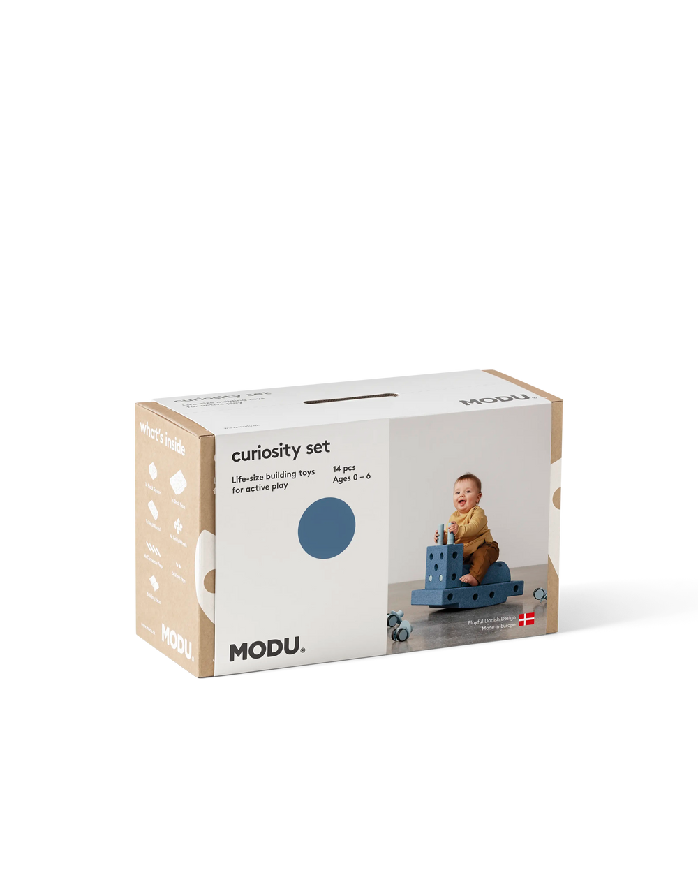 MODU Curiosity Set in Deep Blue Sky Blue. Life-sized building toy. Encourages motor skill development.