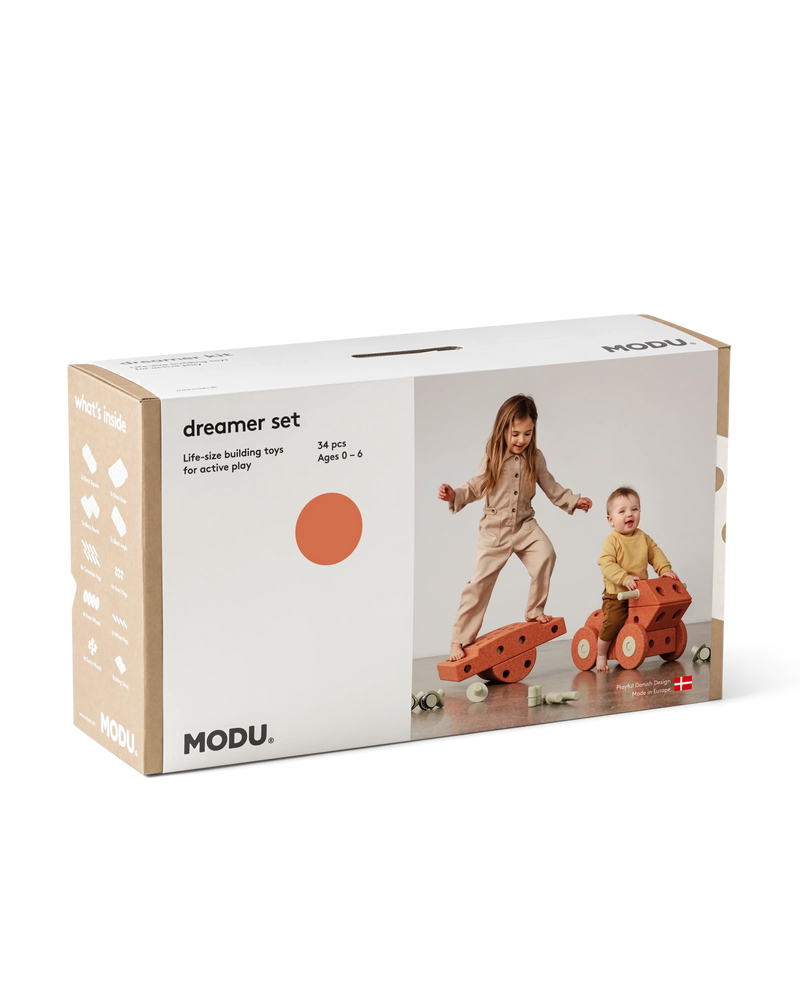 MODU Dreamer Set in Burnt Orange Dusty Green. Life-sized building toy for active play.