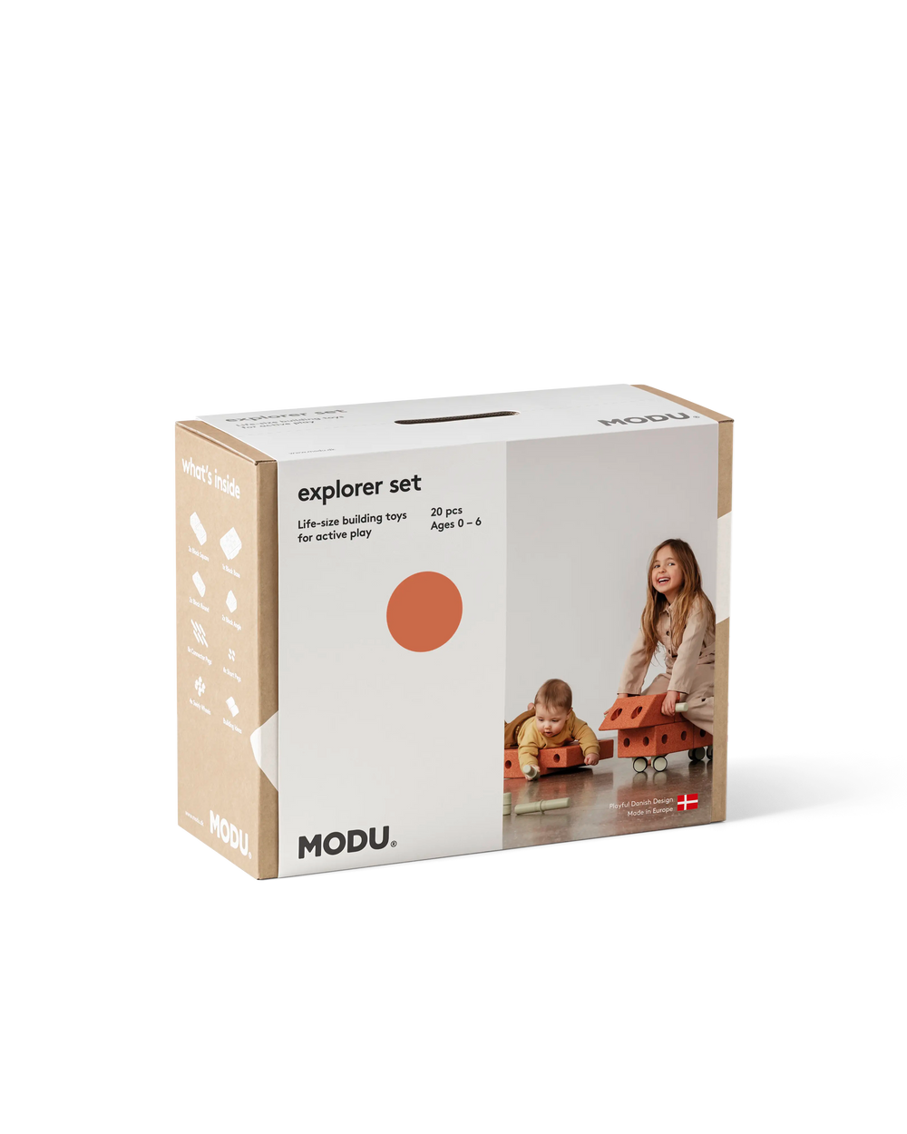 MODU Explorer Set in Burnt Orange Dusty Green. Life-sized building toy for active play.