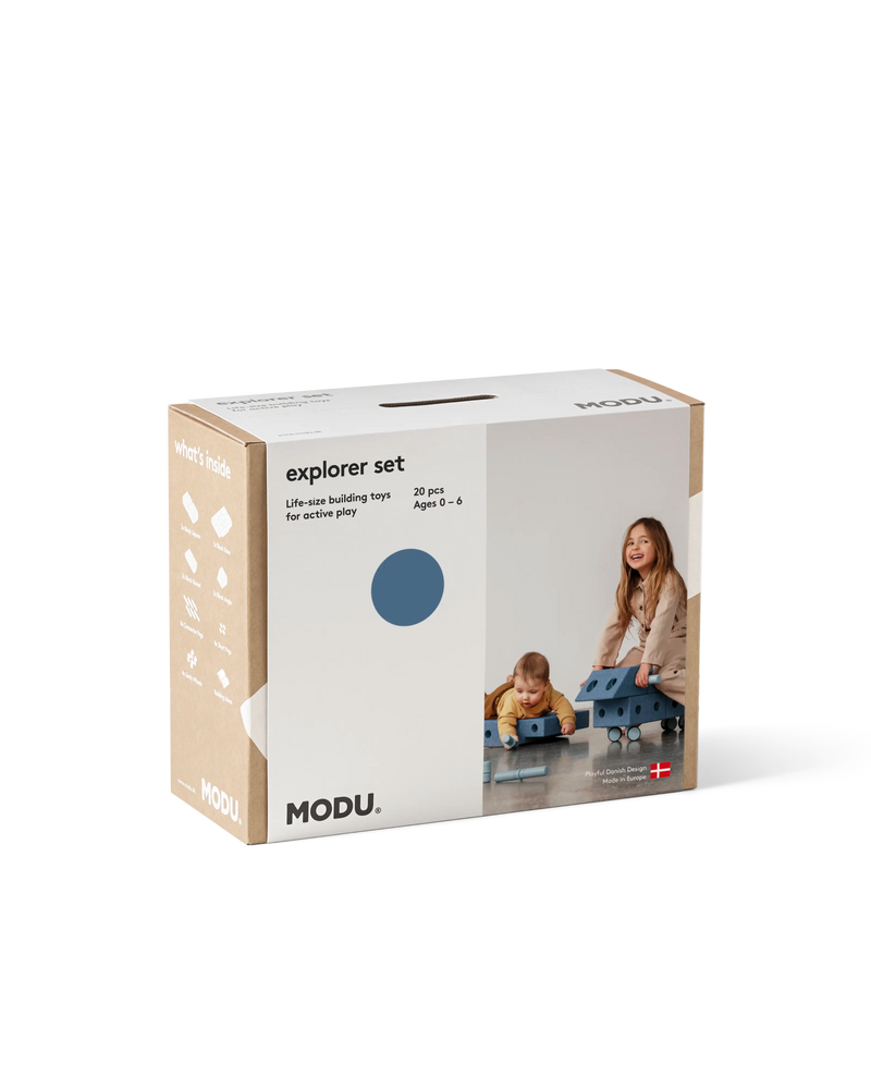 MODU Explorer Set in Deep Blue Sky Blue. Life-sized building toy for active play.