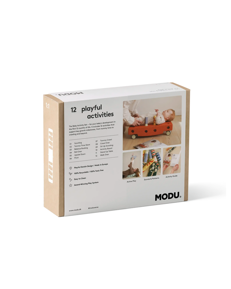 Back of the MODU Baby Activity Set packaging showing activity ideas and product information.