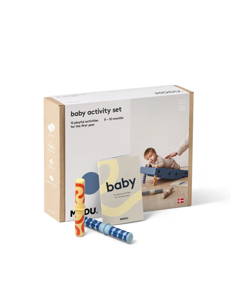 Front of the deep blue MODU Baby Activity Set packaging.
