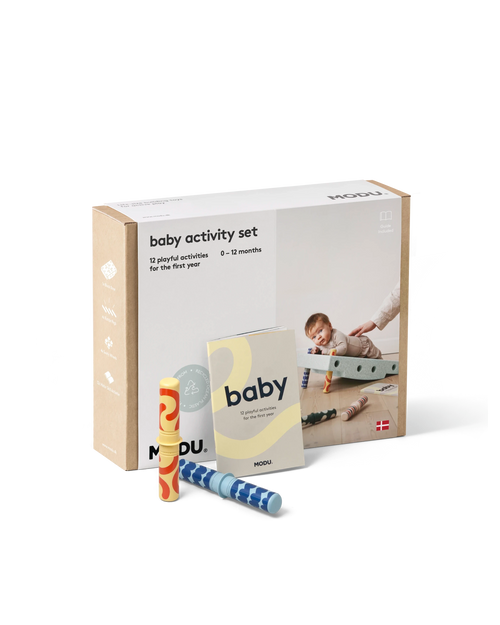 Front of the ocean mint MODU Baby Activity Set packaging.