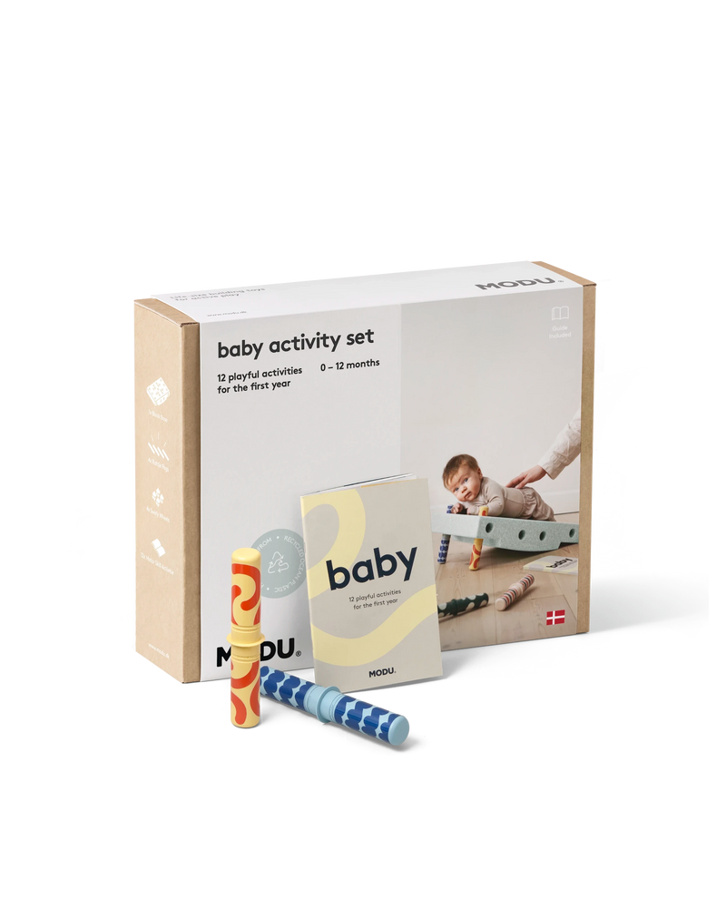 Front of the ocean mint MODU Baby Activity Set packaging.