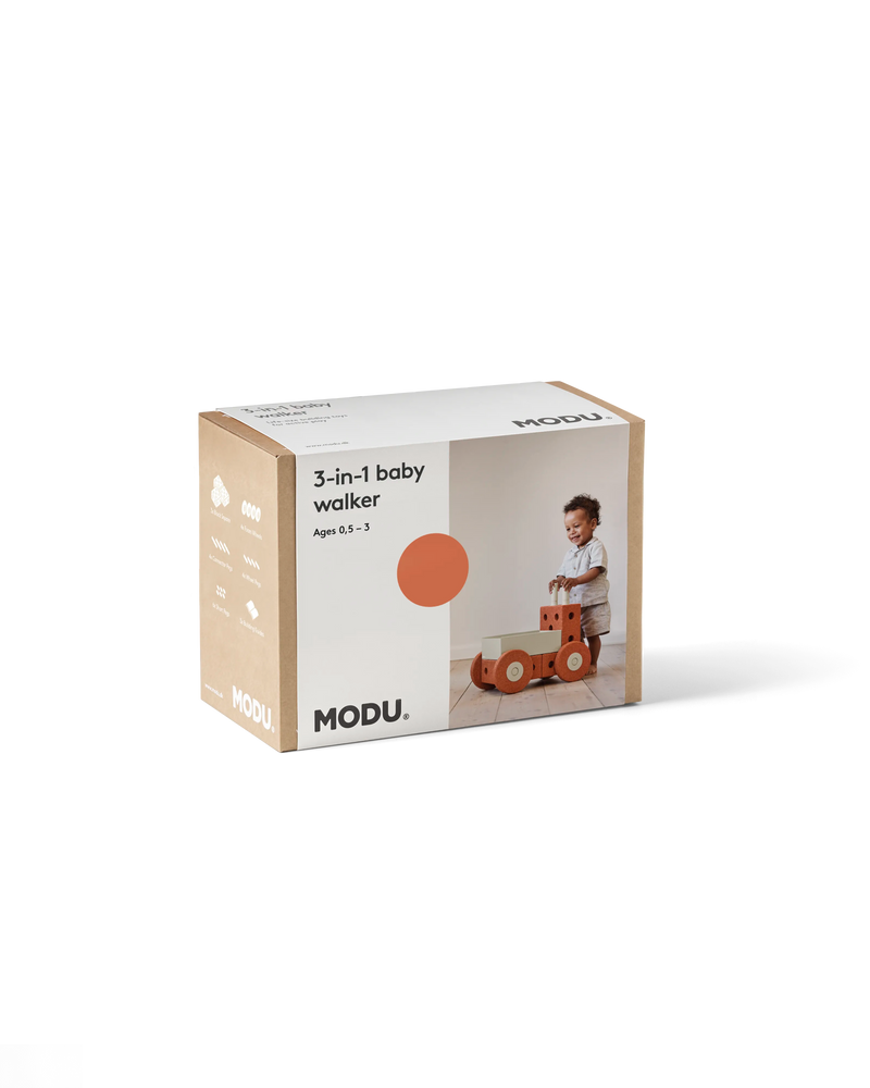 Product packaging for the burnt orange MODU 3-in-1 Baby Walker.
