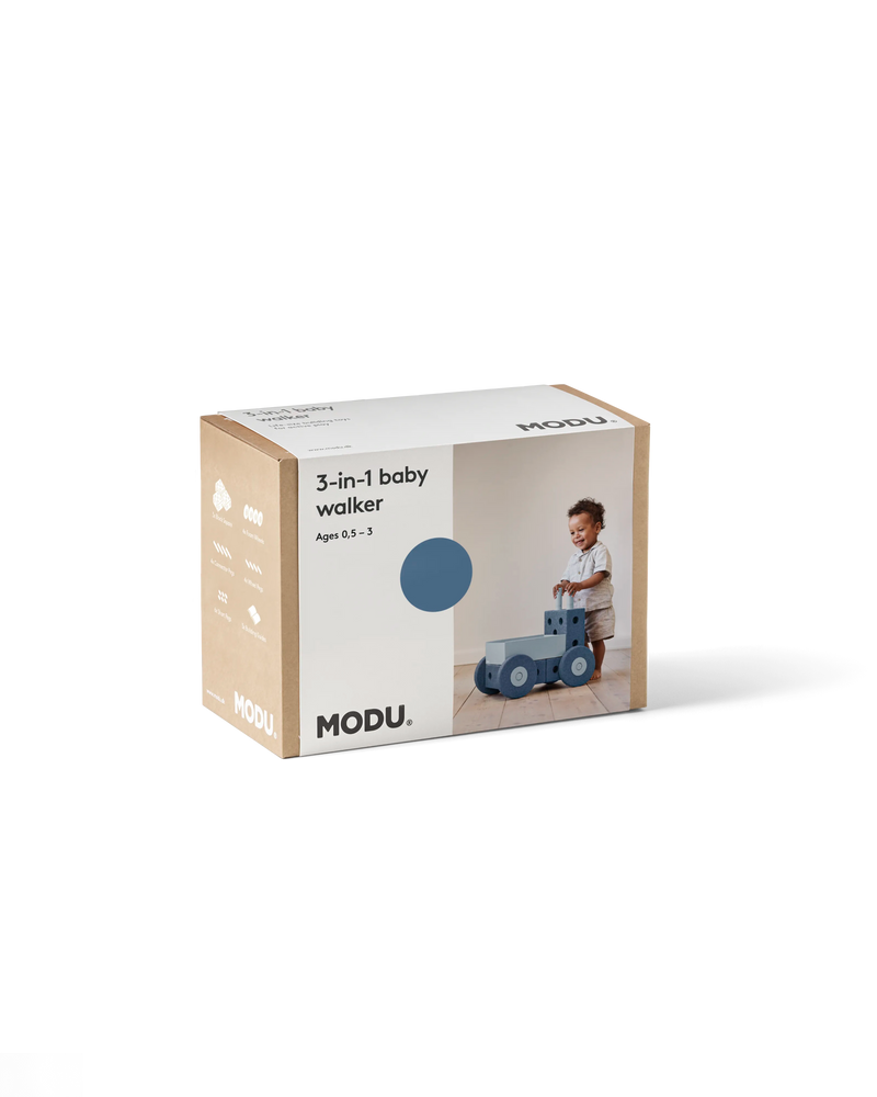 Product packaging for the deep blue MODU 3-in-1 Baby Walker.