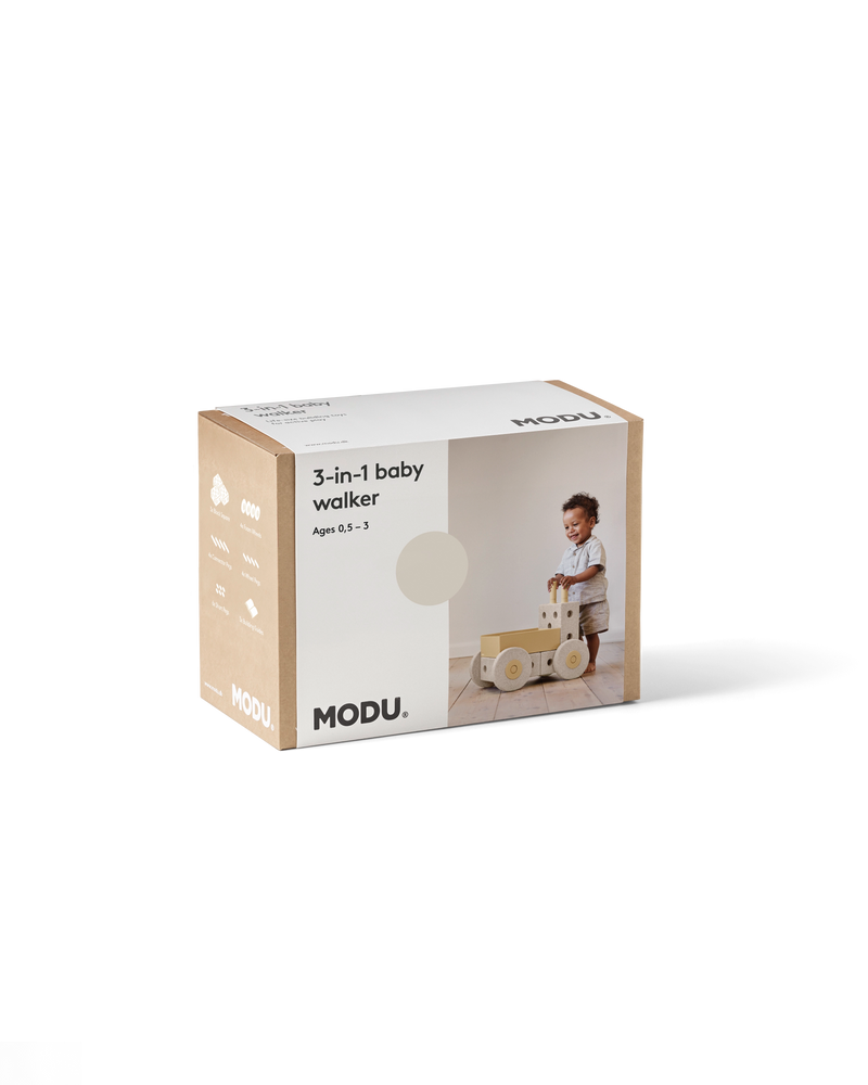Product packaging for the sand grey MODU 3-in-1 Baby Walker.