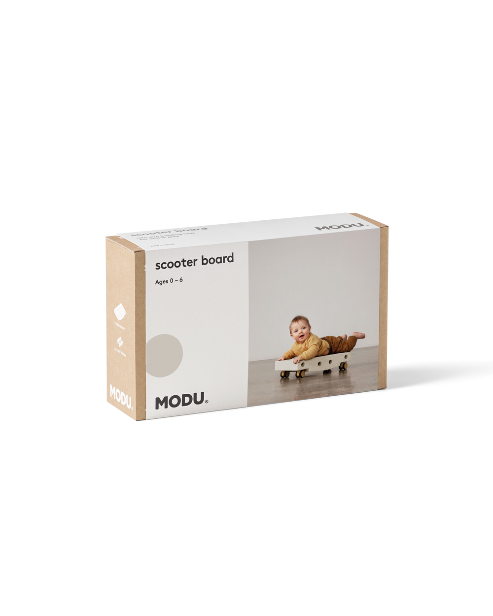MODU Scooter Board in Sand Grey Honey Yellow packaging.
