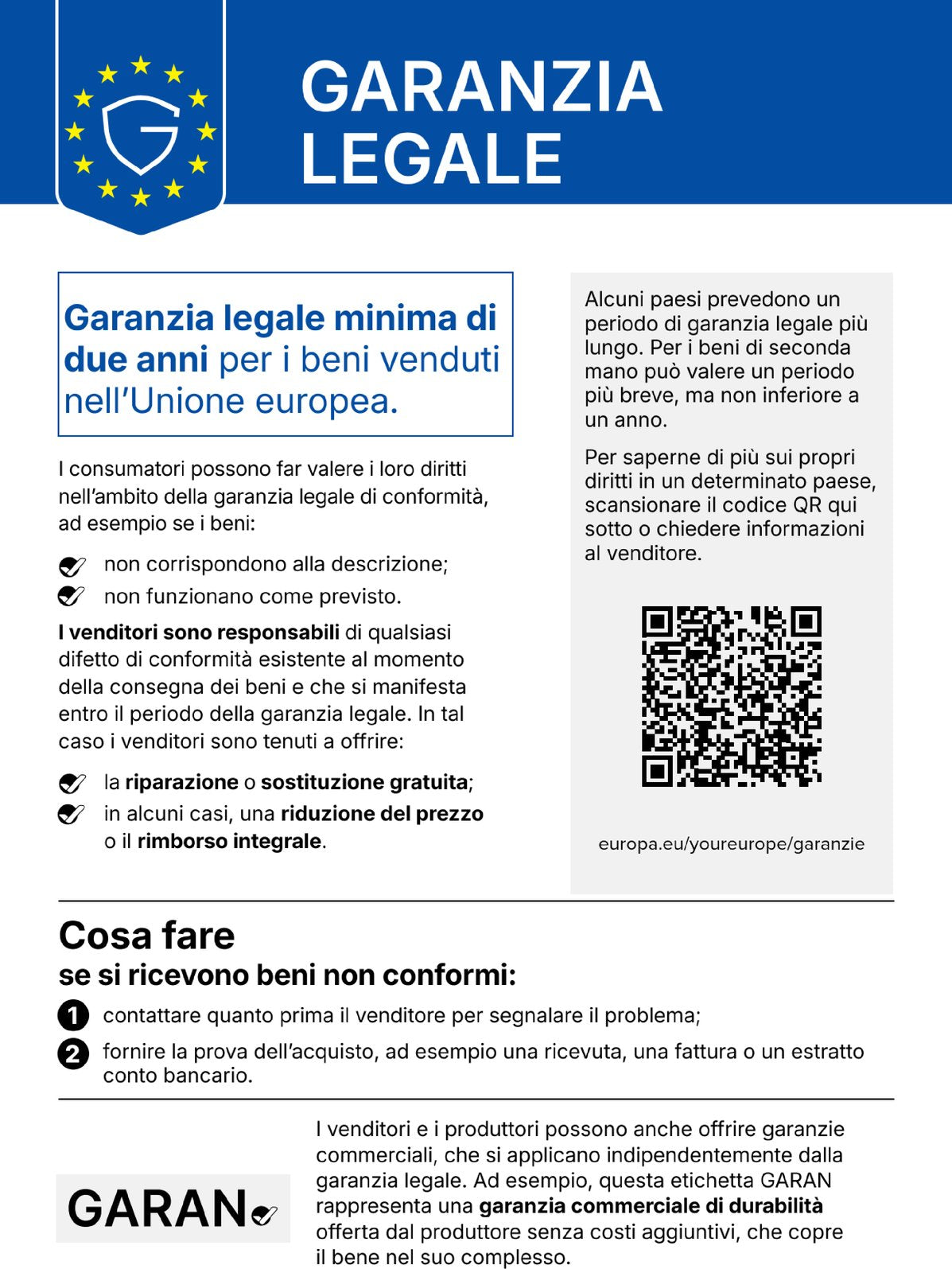 Reso entro 100 giorni / 2 anni di garanzia