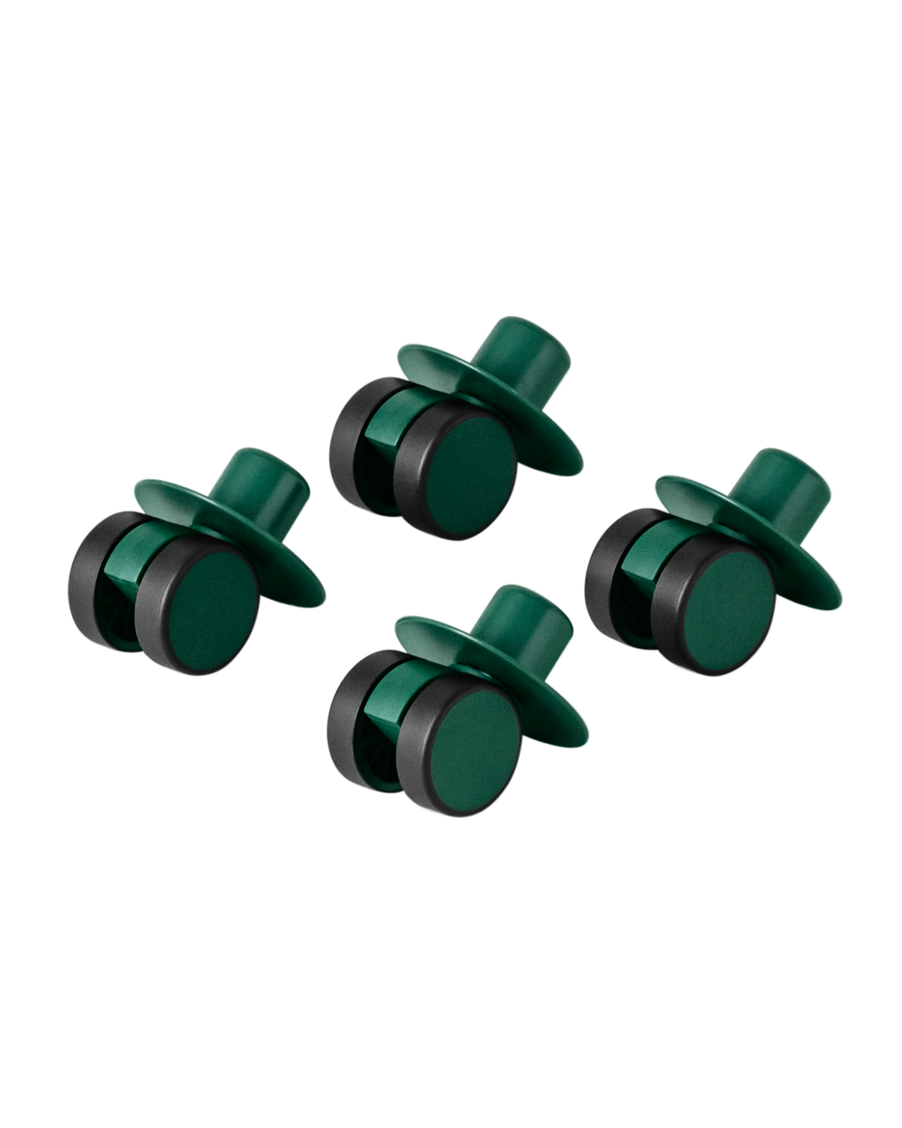 MODU swirly wheels in Forest Green. For indoor scooters and ride-ons. 360 degree rotation. Floor-protecting rubber.