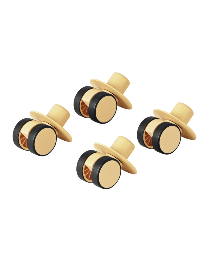 MODU swirly wheels in Honey Yellow. For indoor scooters and ride-ons. 360 degree rotation. Floor-protecting rubber.