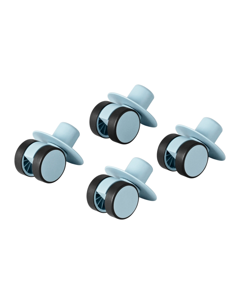 MODU swirly wheels in Sky Blue. For indoor scooters and ride-ons. 360 degree rotation. Floor-protecting rubber.