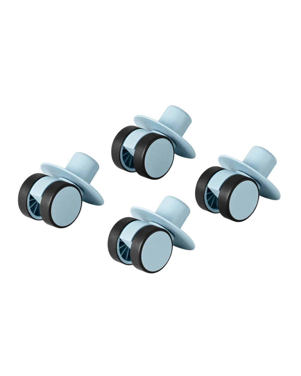 MODU swirly wheels in Sky Blue. For indoor scooters and ride-ons. 360 degree rotation. Floor-protecting rubber.