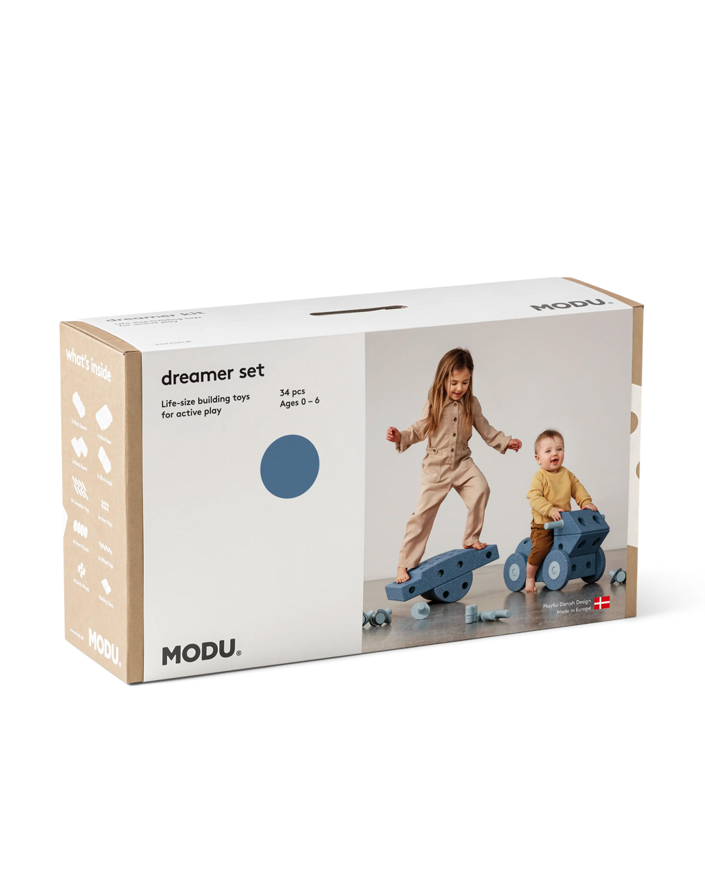 MODU Dreamer Set in Deep Blue Sky Blue. Life-sized building toy for active play.