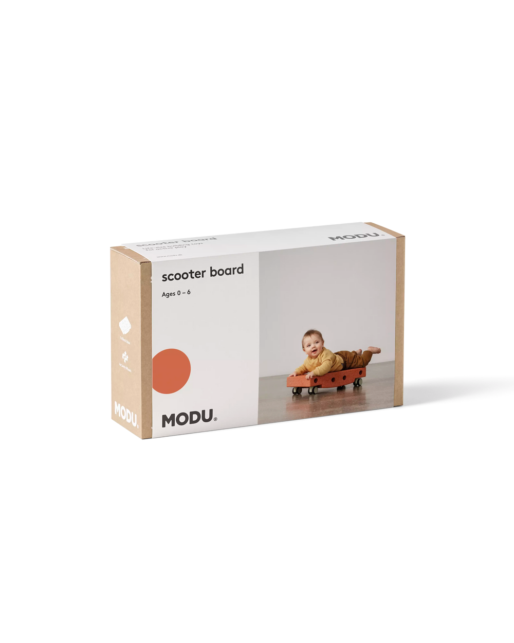 MODU Scooter Board in Burnt Orange Dusty Green packaging.